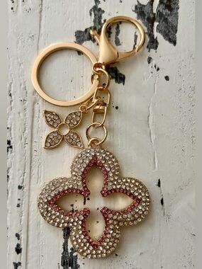 Gold-Tone Crystal Flower Keychain or Bag Charm with Pink Accents